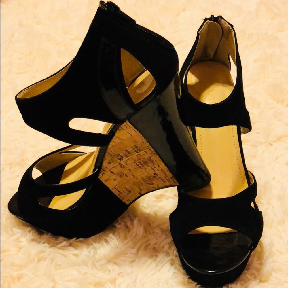 LILIANA black with tan wedges platform heels